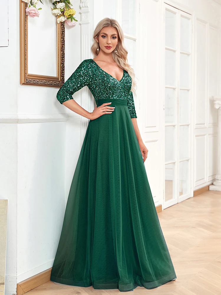 Luxury Floor Length V-Neck Evening Dress 2025 Women Elegant Party Maxi Dress Sequin Short Sleeves Prom Cocktail Gown