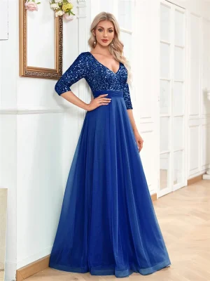 Luxury Floor Length Black Dark Green Gold Pink V-Neck Evening Dress For Women Elegant Party Maxi Dress Sequin Short Sleeves Prom Cocktail Gown