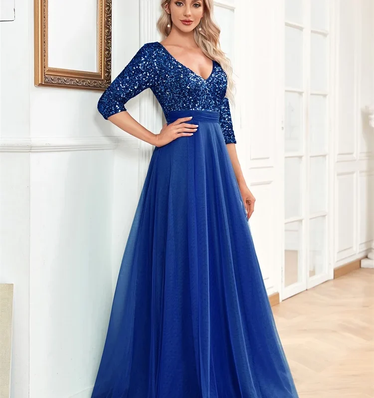 Floor Length Black Dark Green Gold Pink V-Neck Evening Dress