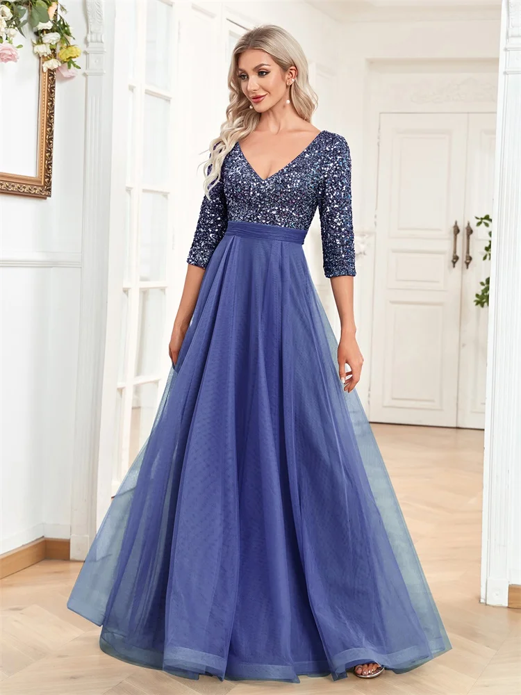 Luxury Floor Length V-Neck Evening Dress 2025 Women Elegant Party Maxi Dress Sequin Short Sleeves Prom Cocktail Gown