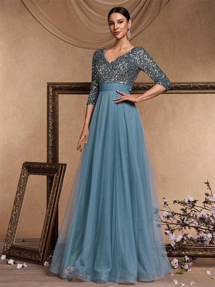 Luxury Floor Length V-Neck Evening Dress 2025 Women Elegant Party Maxi Dress Sequin Short Sleeves Prom Cocktail Gown