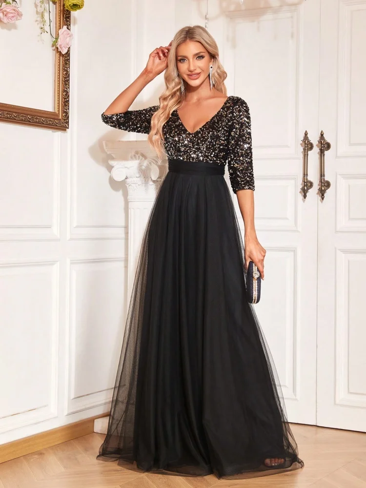 Luxury Floor Length V-Neck Evening Dress 2025 Women Elegant Party Maxi Dress Sequin Short Sleeves Prom Cocktail Gown