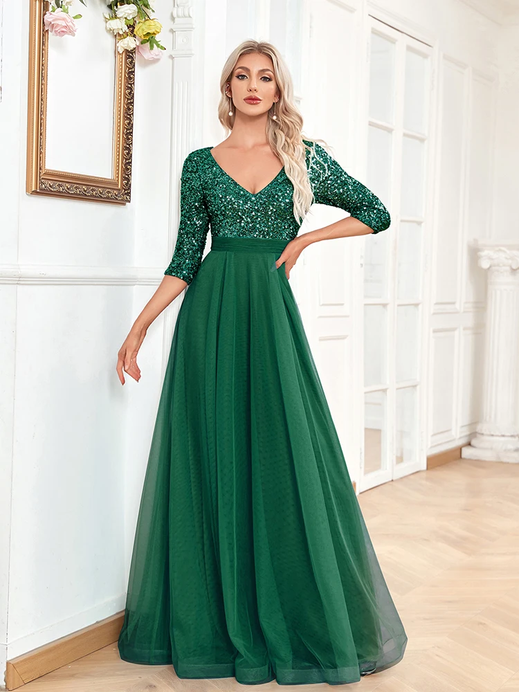 Luxury Floor Length V-Neck Evening Dress 2025 Women Elegant Party Maxi Dress Sequin Short Sleeves Prom Cocktail Gown