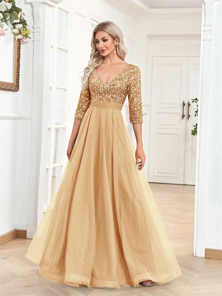 Luxury Floor Length V-Neck Evening Dress 2025 Women Elegant Party Maxi Dress Sequin Short Sleeves Prom Cocktail Gown