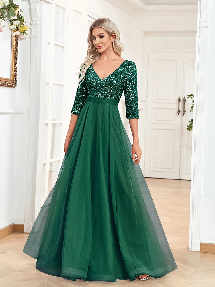 Luxury Floor Length V-Neck Evening Dress 2025 Women Elegant Party Maxi Dress Sequin Short Sleeves Prom Cocktail Gown