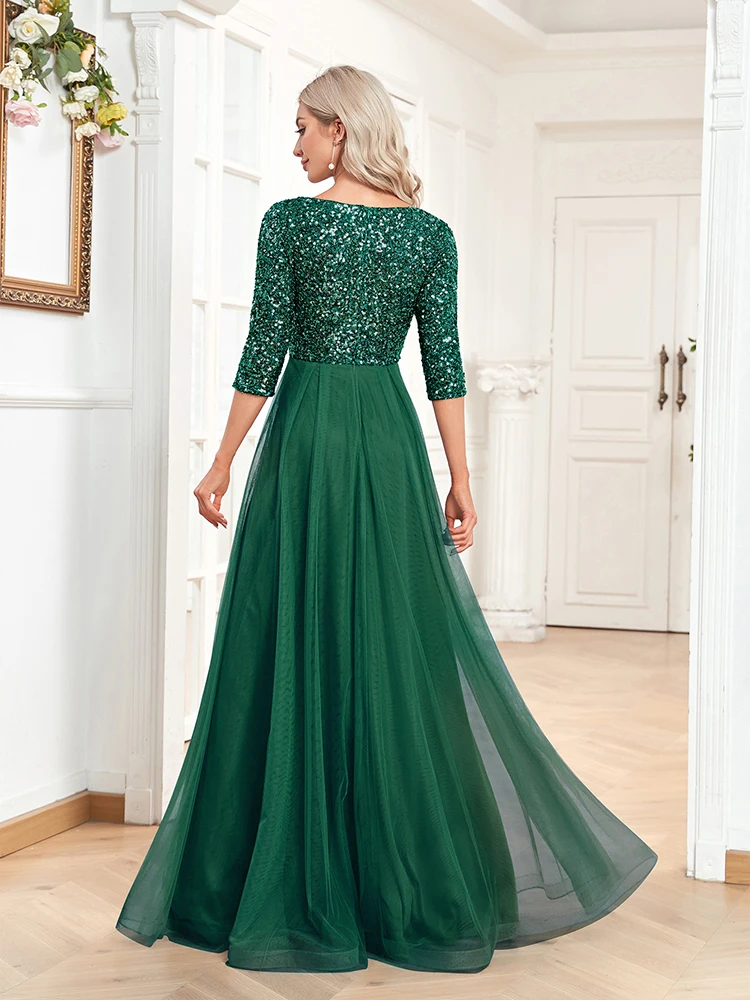Luxury Floor Length V-Neck Evening Dress 2025 Women Elegant Party Maxi Dress Sequin Short Sleeves Prom Cocktail Gown