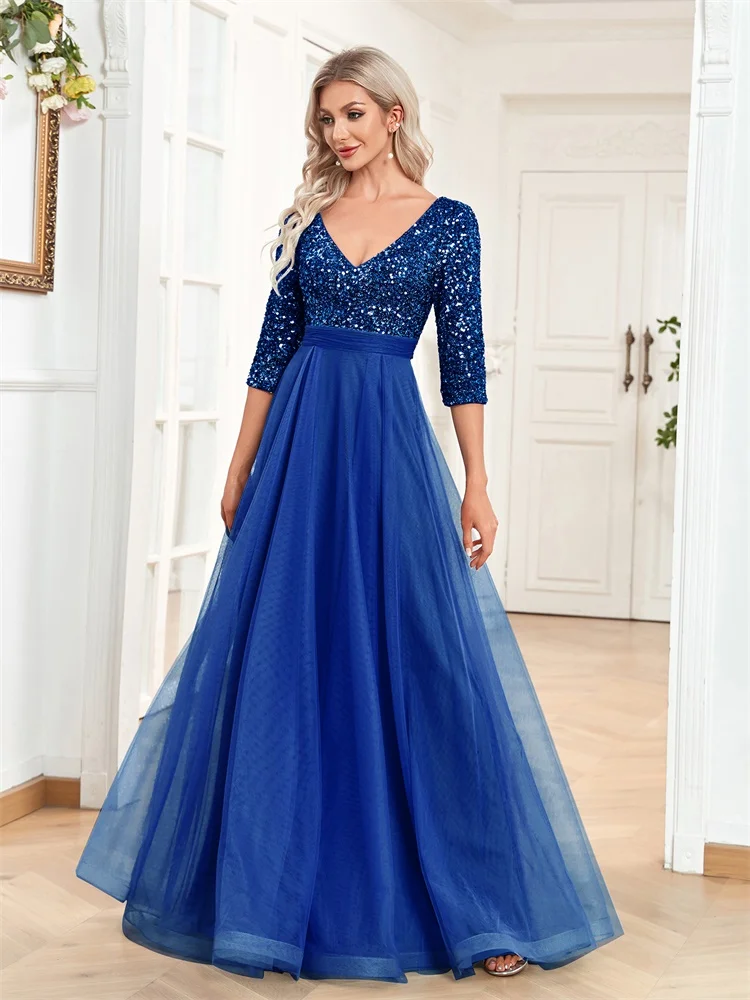 Luxury Floor Length V-Neck Evening Dress 2025 Women Elegant Party Maxi Dress Sequin Short Sleeves Prom Cocktail Gown