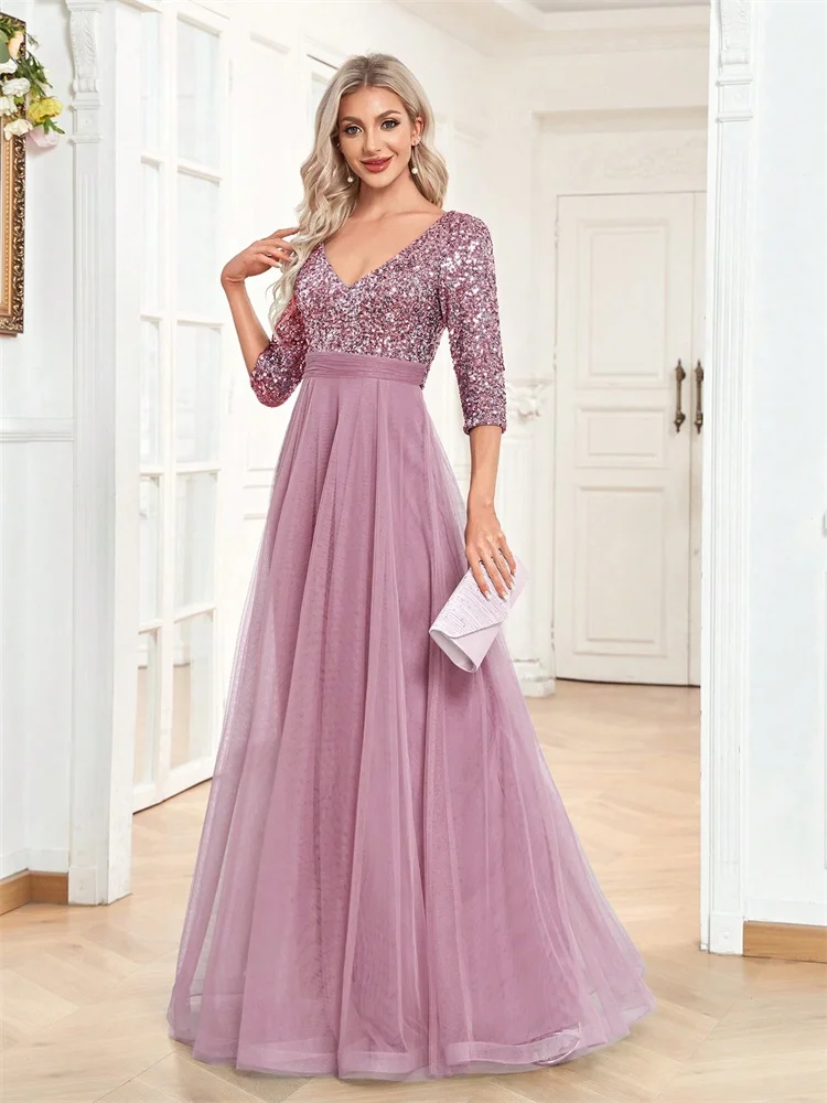 Luxury Floor Length V-Neck Evening Dress 2025 Women Elegant Party Maxi Dress Sequin Short Sleeves Prom Cocktail Gown
