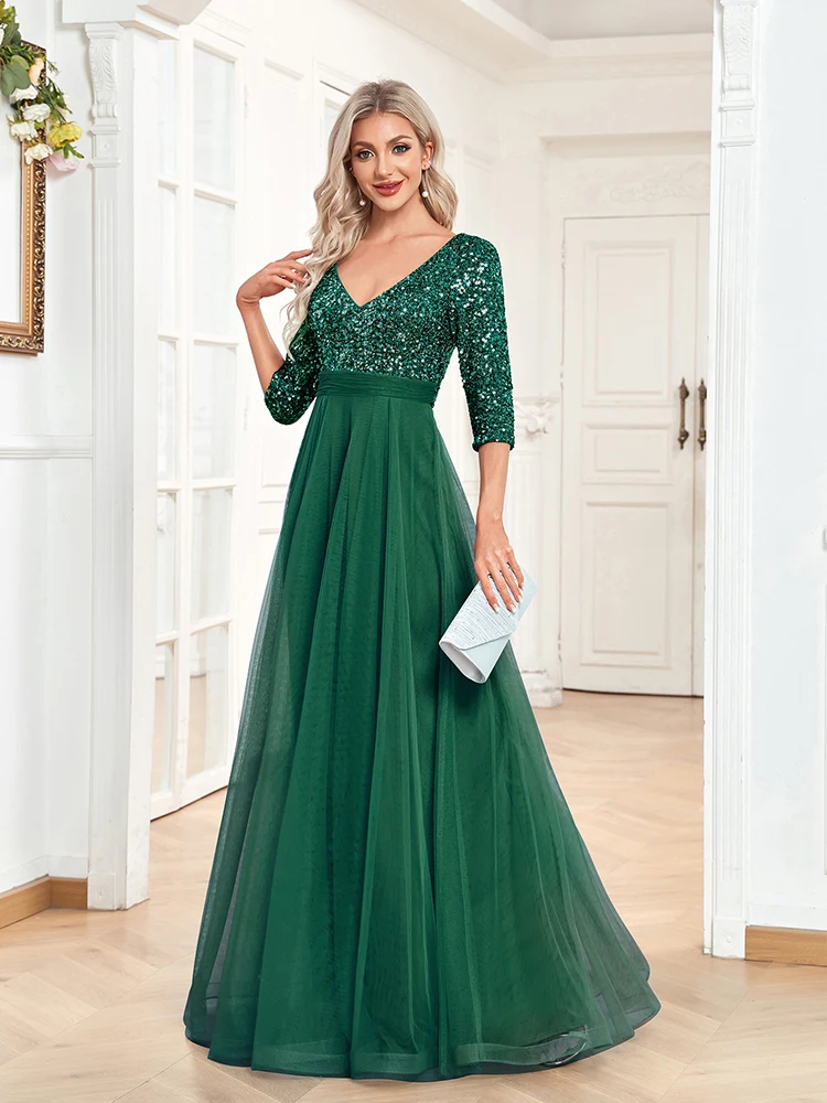Luxury Floor Length V-Neck Evening Dress 2025 Women Elegant Party Maxi Dress Sequin Short Sleeves Prom Cocktail Gown