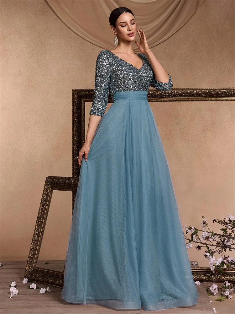 Luxury Floor Length V-Neck Evening Dress 2025 Women Elegant Party Maxi Dress Sequin Short Sleeves Prom Cocktail Gown
