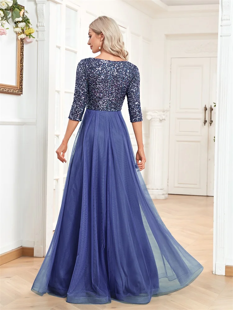 Luxury Floor Length V-Neck Evening Dress 2025 Women Elegant Party Maxi Dress Sequin Short Sleeves Prom Cocktail Gown