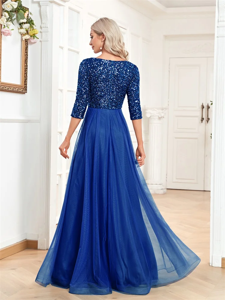 Luxury Floor Length V-Neck Evening Dress 2025 Women Elegant Party Maxi Dress Sequin Short Sleeves Prom Cocktail Gown