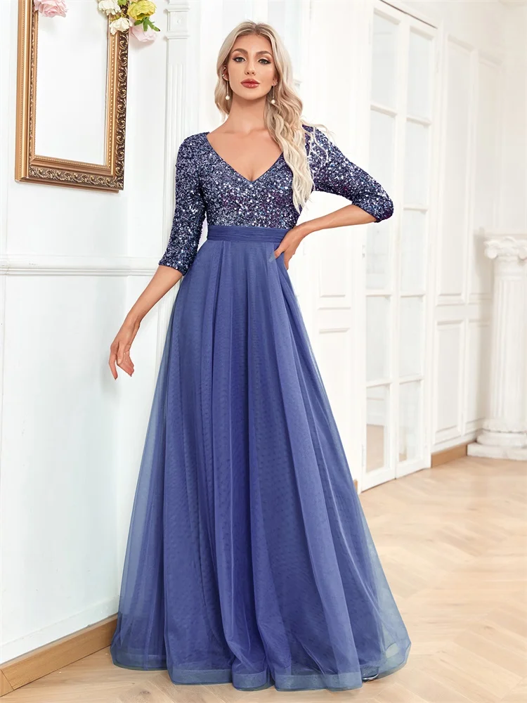 Luxury Floor Length V-Neck Evening Dress 2025 Women Elegant Party Maxi Dress Sequin Short Sleeves Prom Cocktail Gown