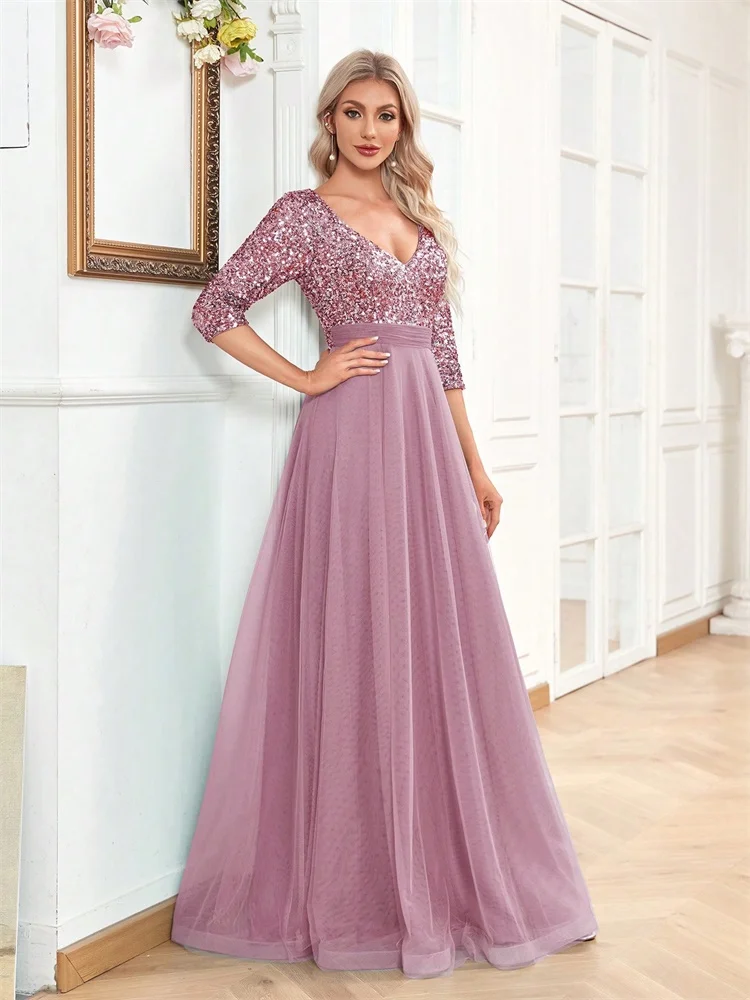 Luxury Floor Length V-Neck Evening Dress 2025 Women Elegant Party Maxi Dress Sequin Short Sleeves Prom Cocktail Gown