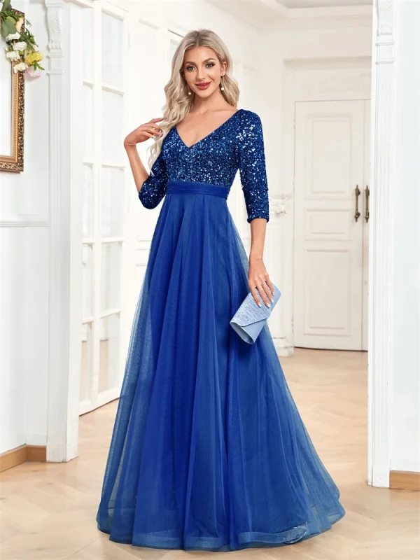 Luxury Floor Length Black Dark Green Gold Pink V-Neck Evening Dress For Women Elegant Party Maxi Dress Sequin Short Sleeves Prom Cocktail Gown - Image 4