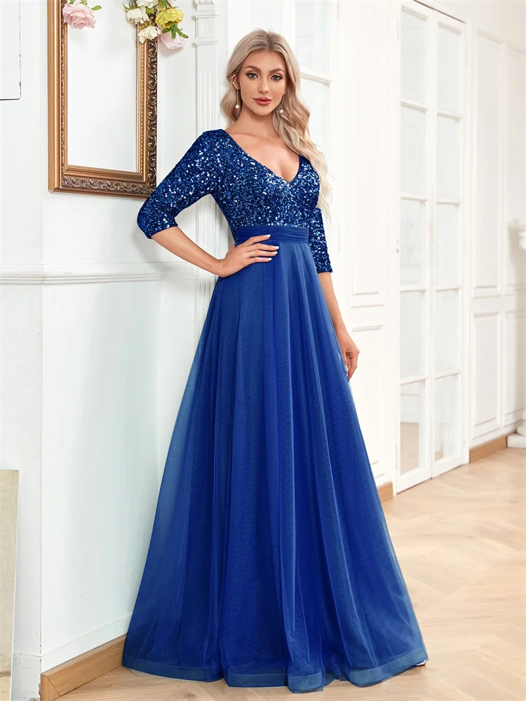 Luxury Floor Length V-Neck Evening Dress 2025 Women Elegant Party Maxi Dress Sequin Short Sleeves Prom Cocktail Gown