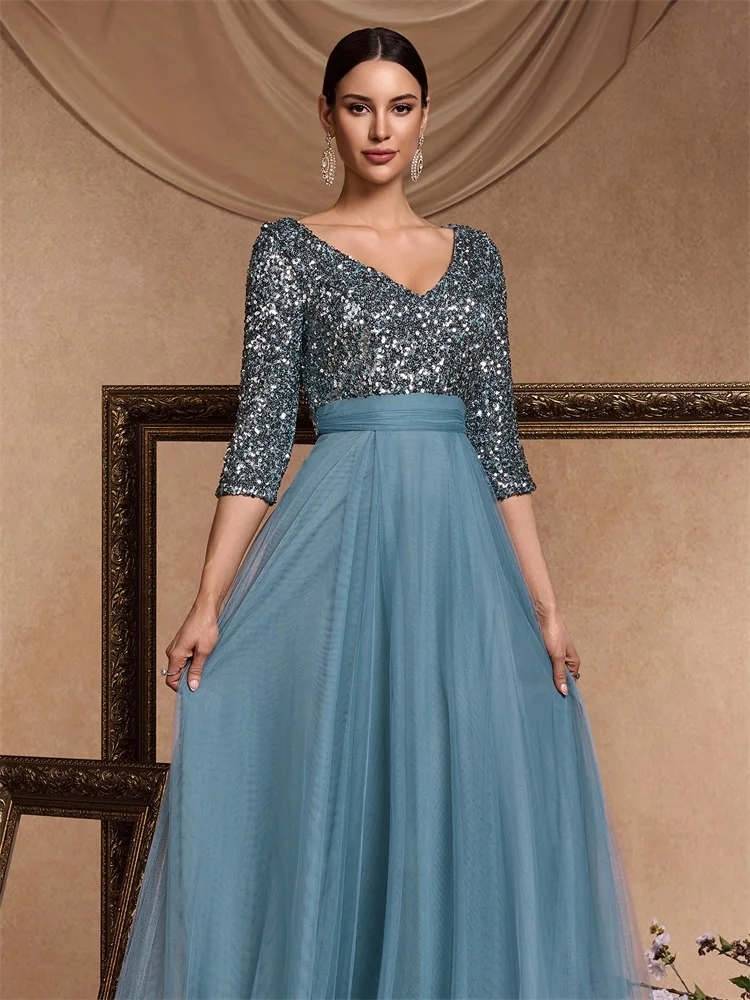 Luxury Floor Length V-Neck Evening Dress 2025 Women Elegant Party Maxi Dress Sequin Short Sleeves Prom Cocktail Gown