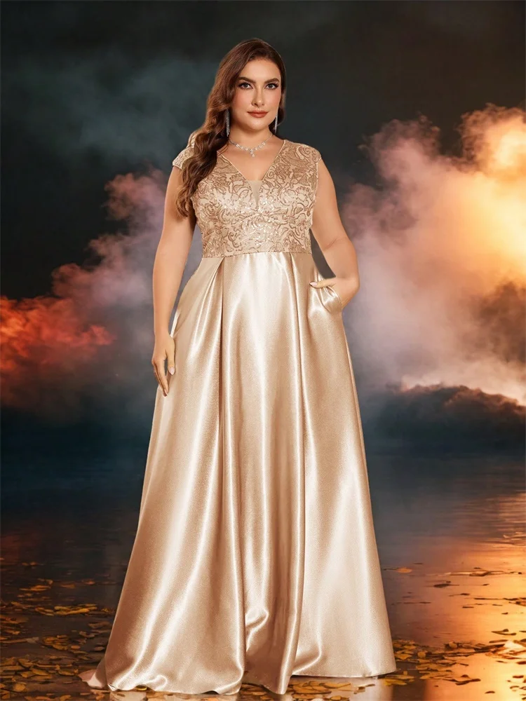 Plus Size Luxury Gold Satin V-Neck Evening Dress Women Sequin Wedding Party Prom Floor Lenght Cocktail Dress Gowns