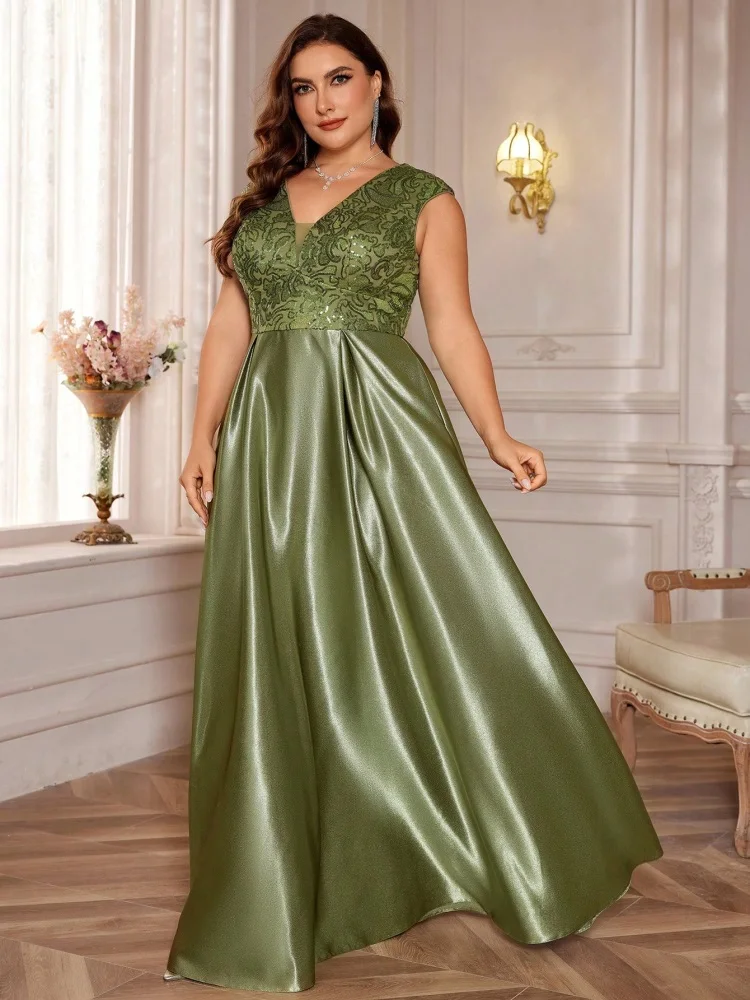 Plus Size Luxury Gold Satin V-Neck Evening Dress Women Sequin Wedding Party Prom Floor Lenght Cocktail Dress Gowns