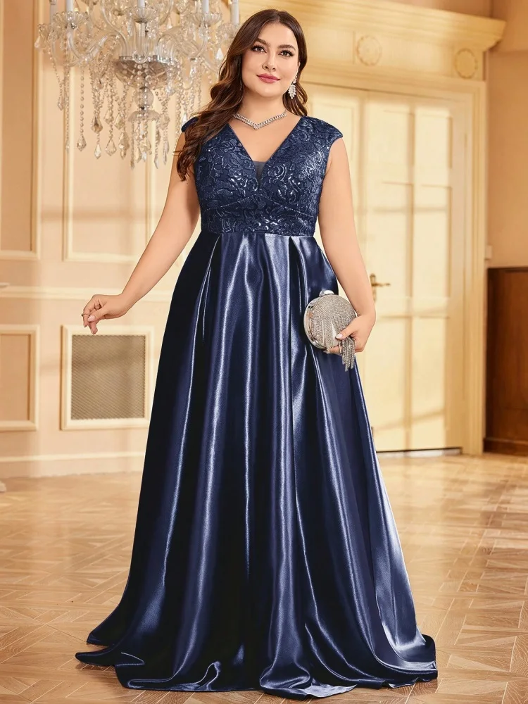 Plus Size Luxury Gold Satin V-Neck Evening Dress Women Sequin Wedding Party Prom Floor Lenght Cocktail Dress Gowns