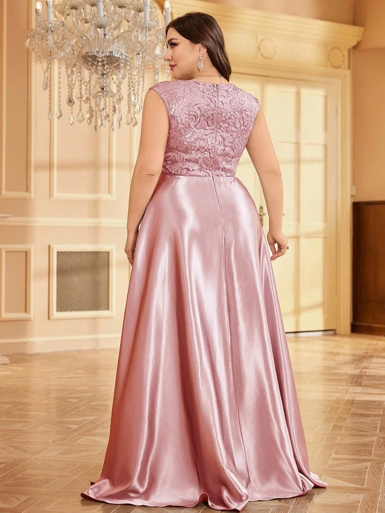 Plus Size Luxury Gold Satin V-Neck Evening Dress Women Sequin Wedding Party Prom Floor Lenght Cocktail Dress Gowns