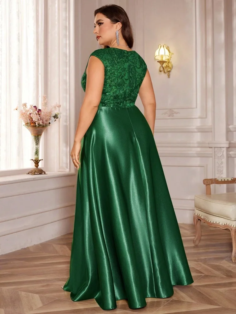 Plus Size Luxury Gold Satin V-Neck Evening Dress Women Sequin Wedding Party Prom Floor Lenght Cocktail Dress Gowns