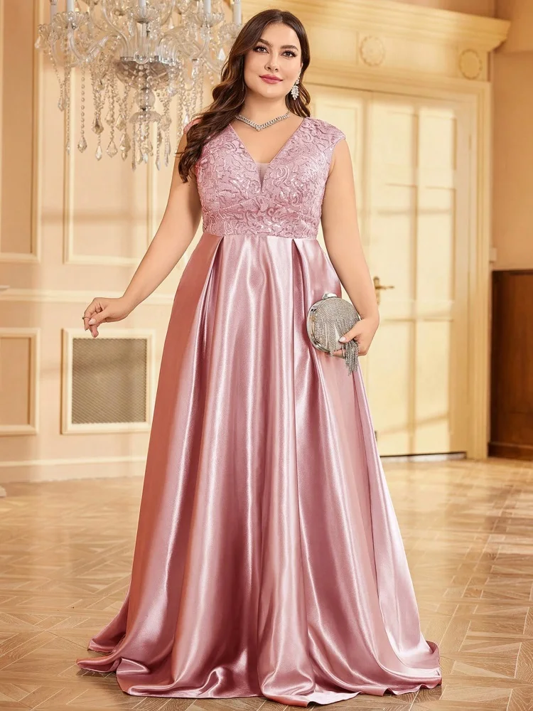 Plus Size Luxury Gold Satin V-Neck Evening Dress Women Sequin Wedding Party Prom Floor Lenght Cocktail Dress Gowns