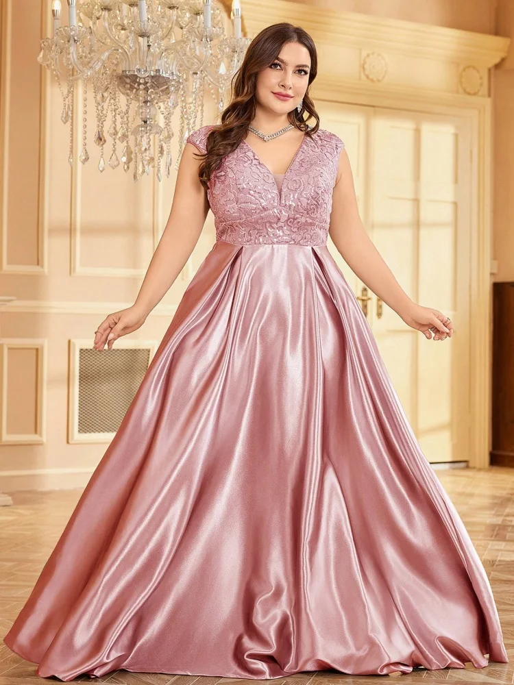 Plus Size Luxury Gold Satin V-Neck Evening Dress Women Sequin Wedding Party Prom Floor Lenght Cocktail Dress Gowns