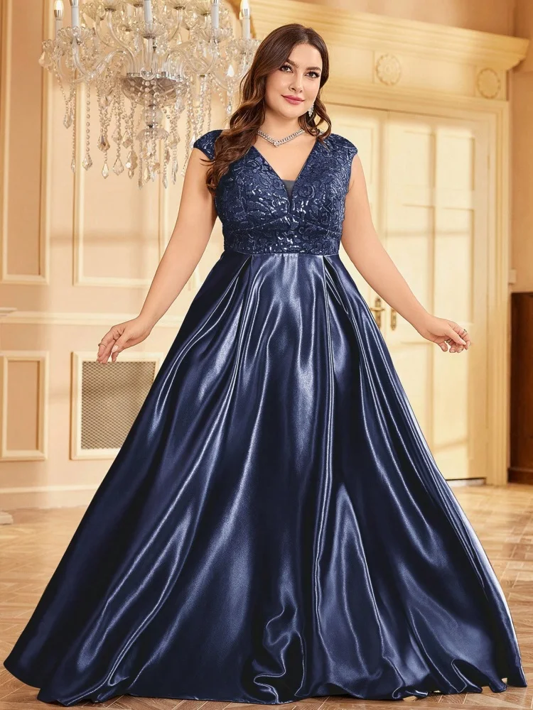 Plus Size Luxury Gold Satin V-Neck Evening Dress Women Sequin Wedding Party Prom Floor Lenght Cocktail Dress Gowns