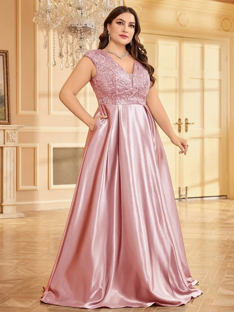 Plus Size Luxury Gold Satin V-Neck Evening Dress Women Sequin Wedding Party Prom Floor Lenght Cocktail Dress Gowns