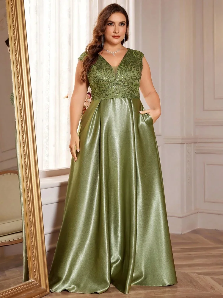 Plus Size Luxury Gold Satin V-Neck Evening Dress Women Sequin Wedding Party Prom Floor Lenght Cocktail Dress Gowns