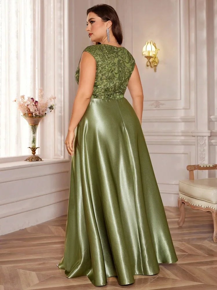 Plus Size Luxury Gold Satin V-Neck Evening Dress Women Sequin Wedding Party Prom Floor Lenght Cocktail Dress Gowns