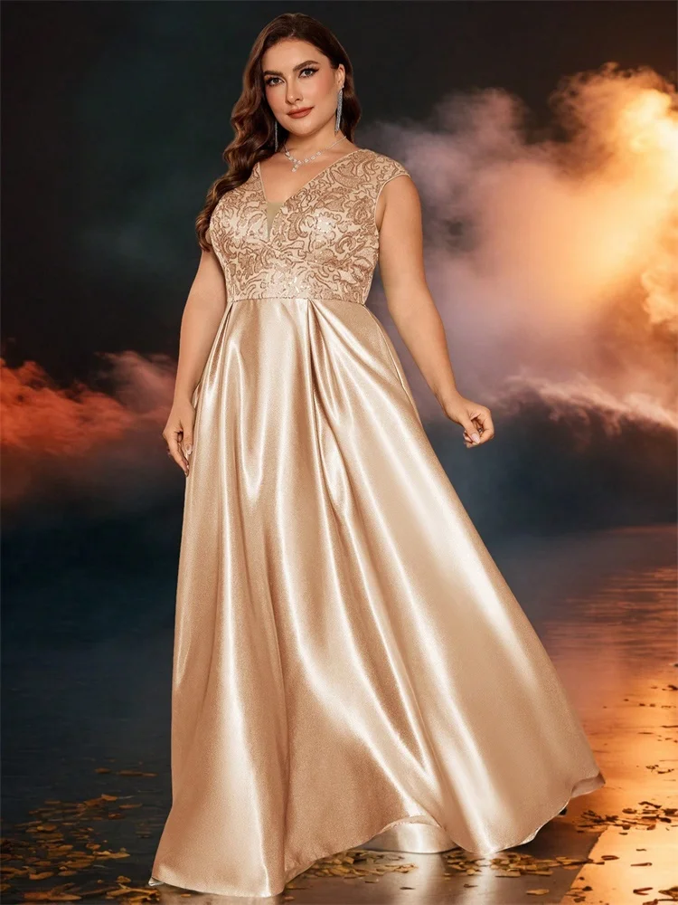 Plus Size Luxury Gold Satin V-Neck Evening Dress Women Sequin Wedding Party Prom Floor Lenght Cocktail Dress Gowns