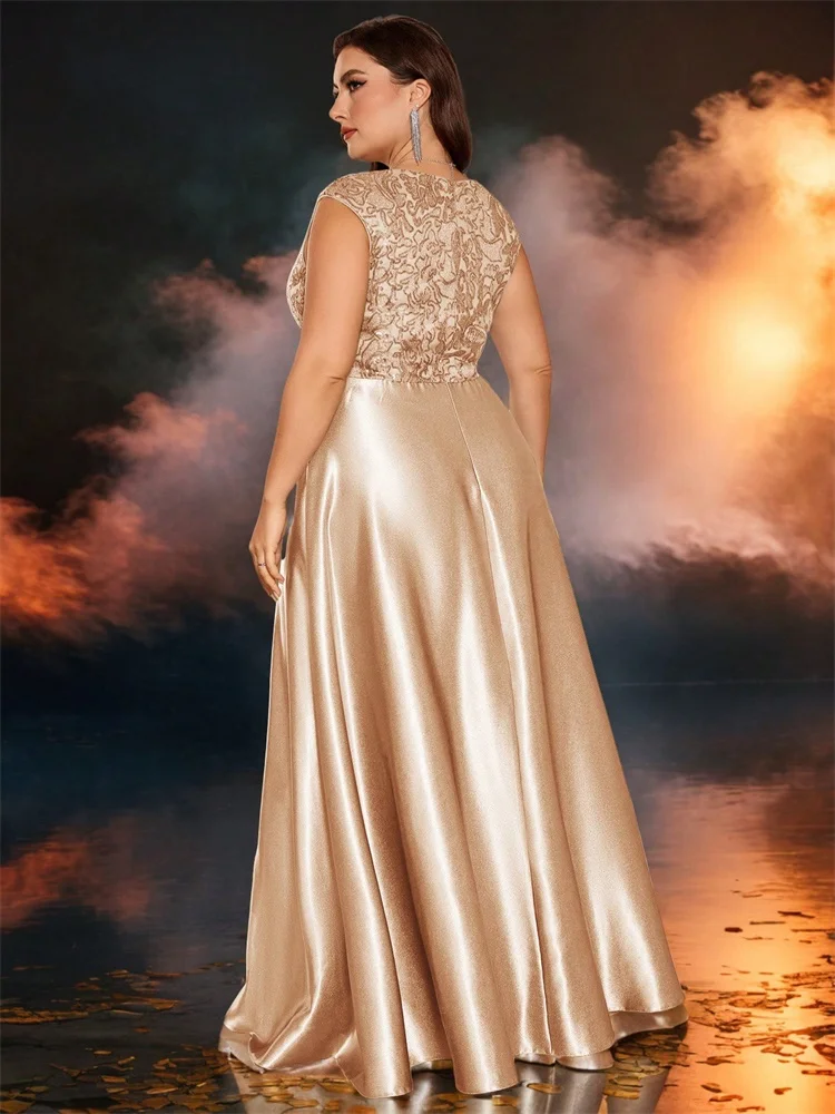 Plus Size Luxury Gold Satin V-Neck Evening Dress Women Sequin Wedding Party Prom Floor Lenght Cocktail Dress Gowns