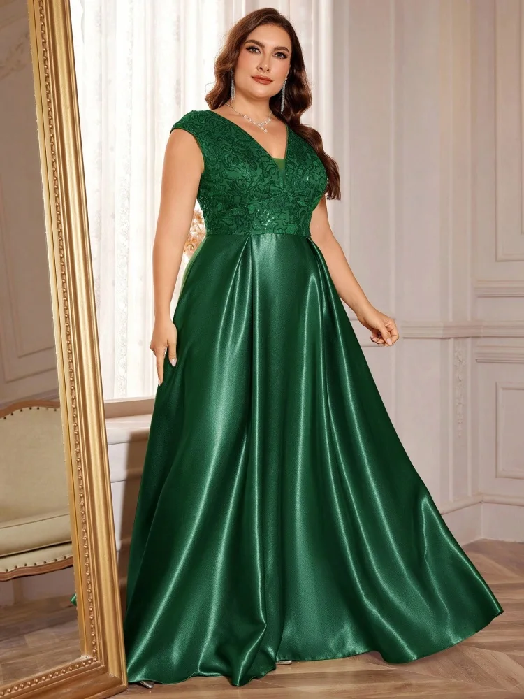 Plus Size Luxury Gold Satin V-Neck Evening Dress Women Sequin Wedding Party Prom Floor Lenght Cocktail Dress Gowns