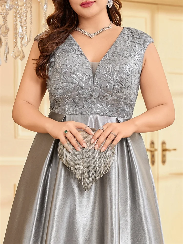 Plus Size Luxury Gold Satin V-Neck Evening Dress Women Sequin Wedding Party Prom Floor Lenght Cocktail Dress Gowns
