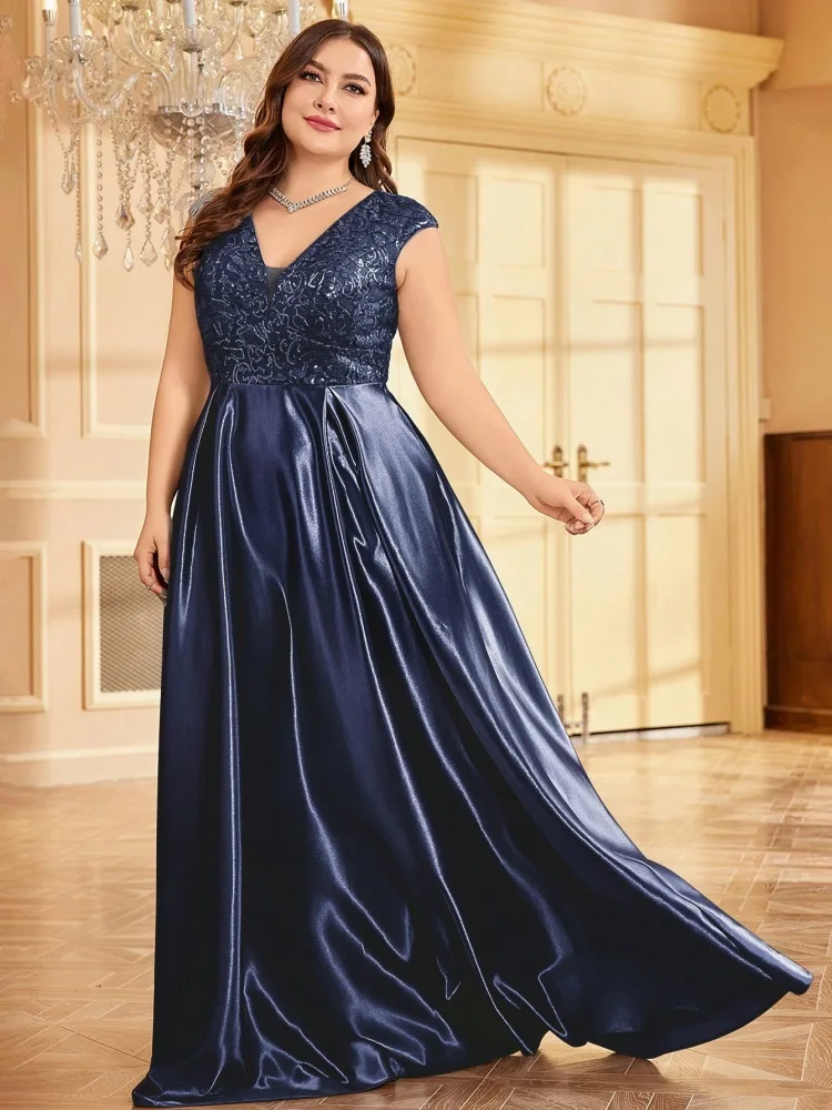 Plus Size Luxury Gold Satin V-Neck Evening Dress Women Sequin Wedding Party Prom Floor Lenght Cocktail Dress Gowns