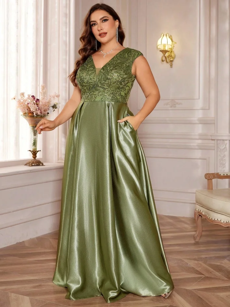 Plus Size Luxury Gold Satin V-Neck Evening Dress Women Sequin Wedding Party Prom Floor Lenght Cocktail Dress Gowns