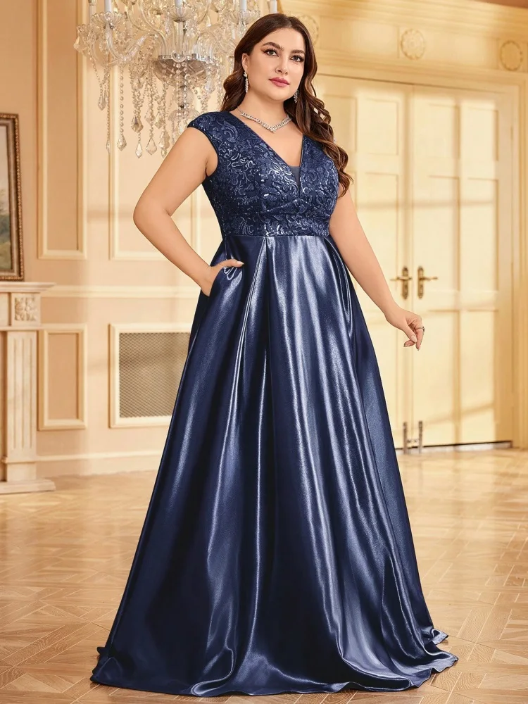 Plus Size Luxury Gold Satin V-Neck Evening Dress Women Sequin Wedding Party Prom Floor Lenght Cocktail Dress Gowns