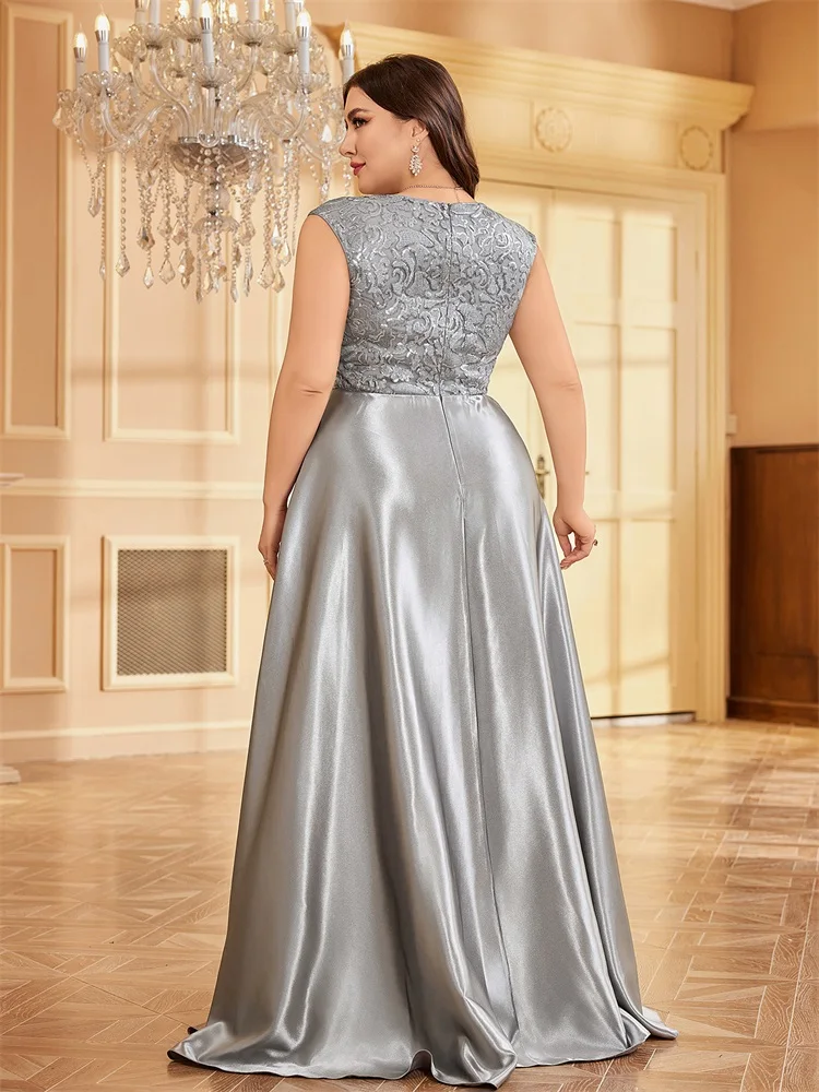 Plus Size Luxury Gold Satin V-Neck Evening Dress Women Sequin Wedding Party Prom Floor Lenght Cocktail Dress Gowns