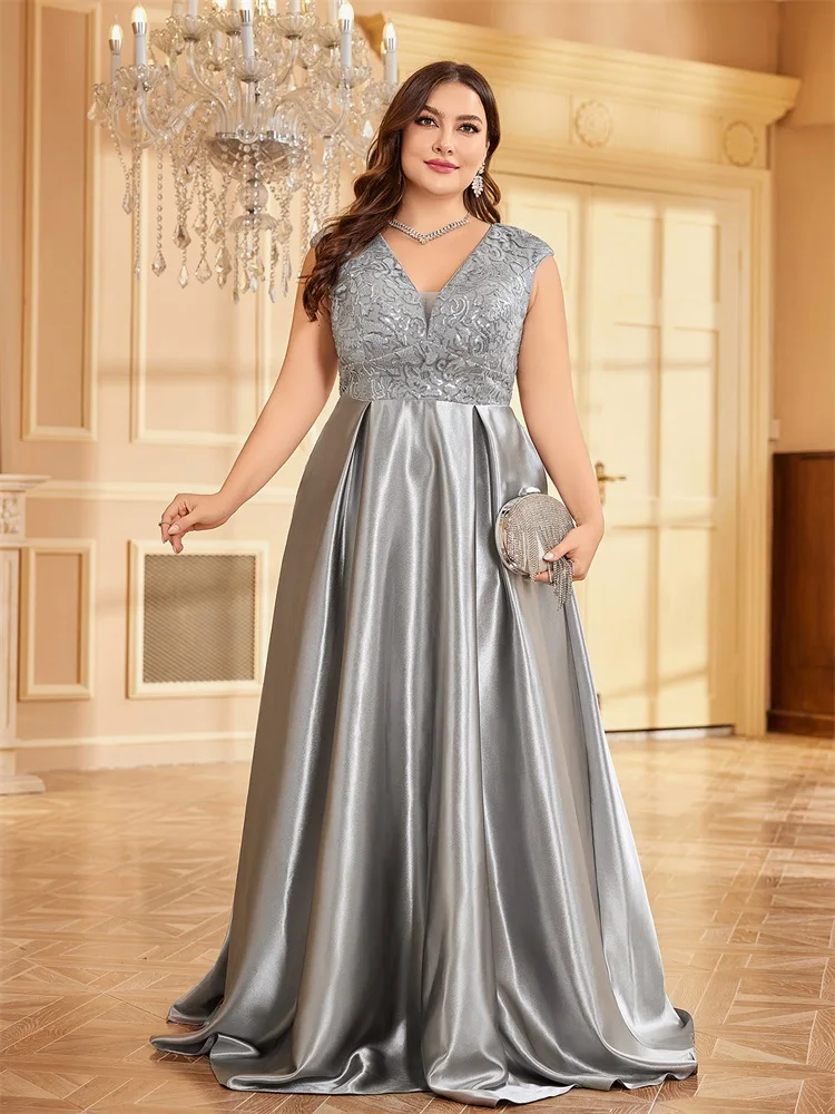 Plus Size Luxury Gold Satin V-Neck Evening Dress Women Sequin Wedding Party Prom Floor Lenght Cocktail Dress Gowns