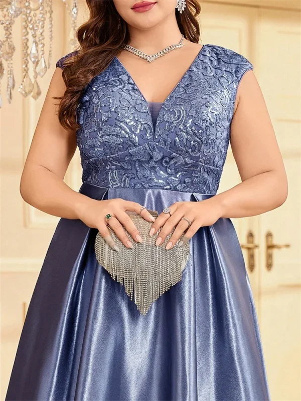 Plus Size Luxury Gold Pink Green Satin V-Neck Evening Dress Women Sequin Wedding Party Prom Floor Length Cocktail Dress Gowns - Image 6
