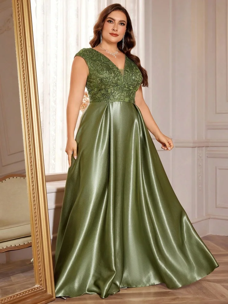 Plus Size Luxury Gold Satin V-Neck Evening Dress Women Sequin Wedding Party Prom Floor Lenght Cocktail Dress Gowns