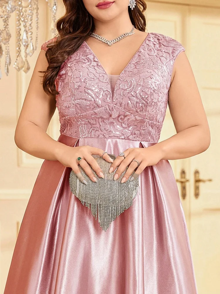 Plus Size Luxury Gold Satin V-Neck Evening Dress Women Sequin Wedding Party Prom Floor Lenght Cocktail Dress Gowns