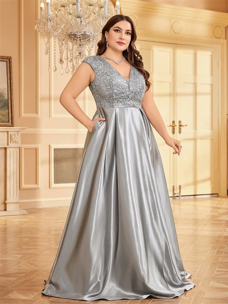 Plus Size Luxury Gold Satin V-Neck Evening Dress Women Sequin Wedding Party Prom Floor Lenght Cocktail Dress Gowns
