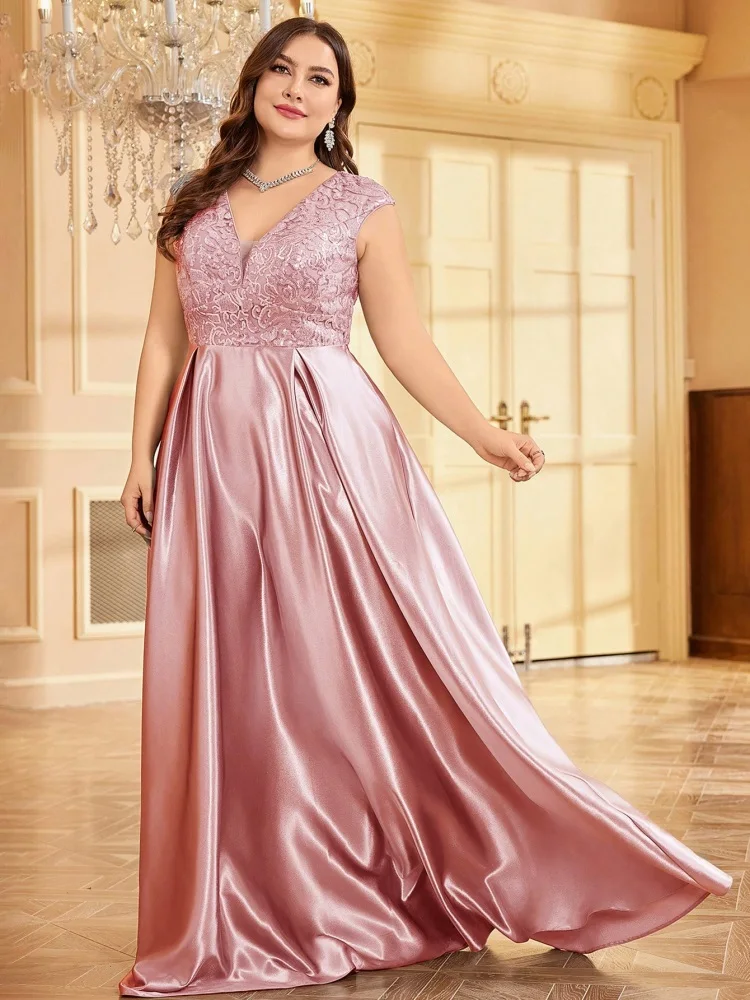 Plus Size Luxury Gold Satin V-Neck Evening Dress Women Sequin Wedding Party Prom Floor Lenght Cocktail Dress Gowns
