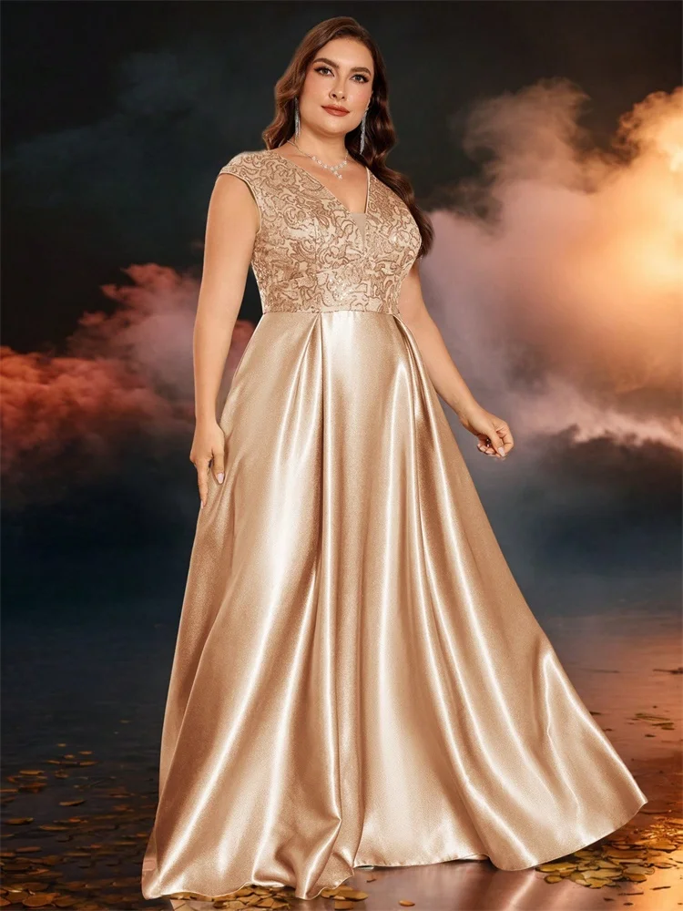 Plus Size Luxury Gold Satin V-Neck Evening Dress Women Sequin Wedding Party Prom Floor Lenght Cocktail Dress Gowns