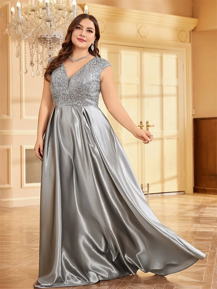 Plus Size Luxury Gold Satin V-Neck Evening Dress Women Sequin Wedding Party Prom Floor Lenght Cocktail Dress Gowns