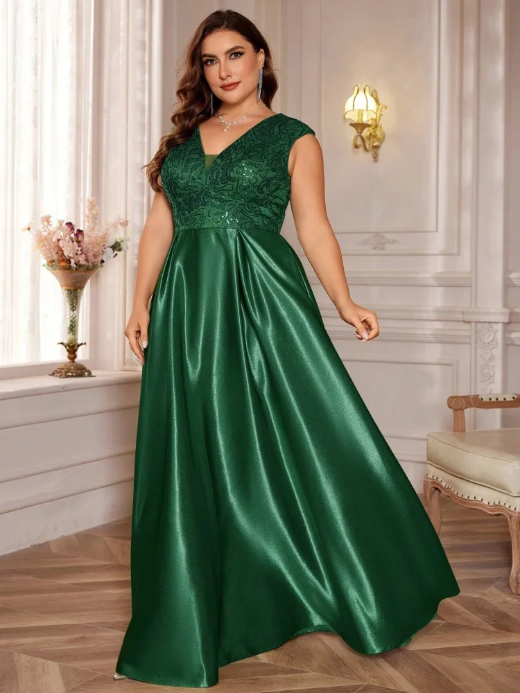 Plus Size Luxury Gold Satin V-Neck Evening Dress Women Sequin Wedding Party Prom Floor Lenght Cocktail Dress Gowns
