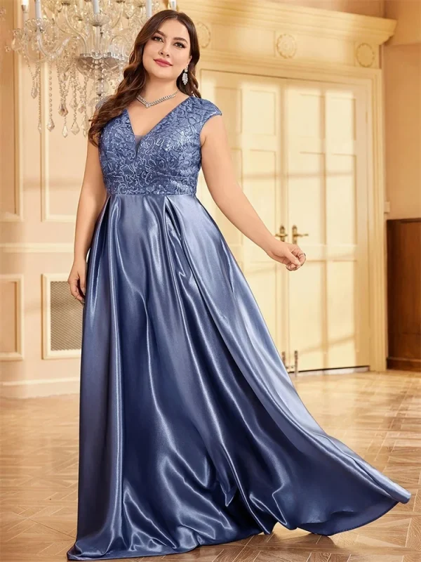 Plus Size Luxury Gold Pink Green Satin V-Neck Evening Dress Women Sequin Wedding Party Prom Floor Length Cocktail Dress Gowns - Image 4